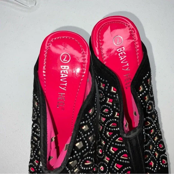 Beauty heels rhinestone vtg wedges faux suede bright pink patent leather sz 7 - Picture 4 of 5